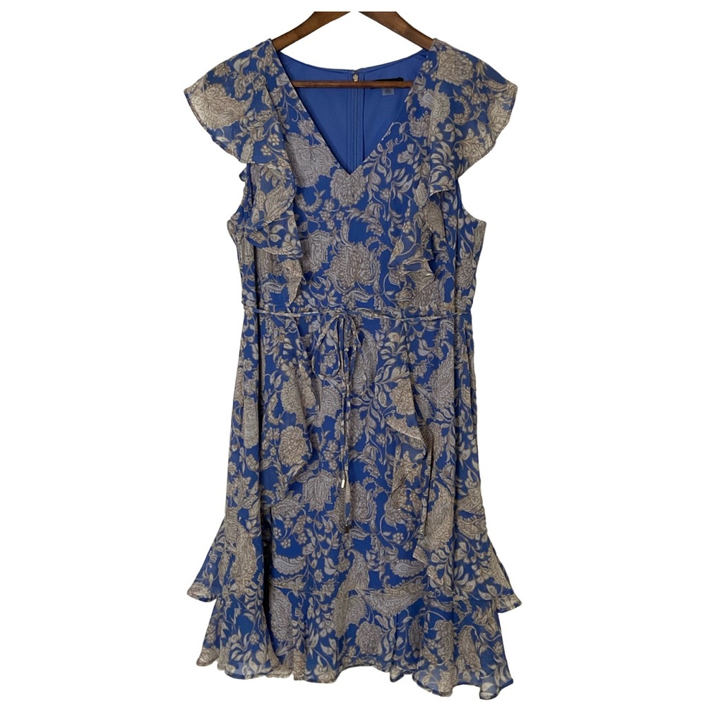 Tommy Hilfiger Blue Floral Ruffle Midi Dress with Waist Tie; Fully Lined; Sz 14